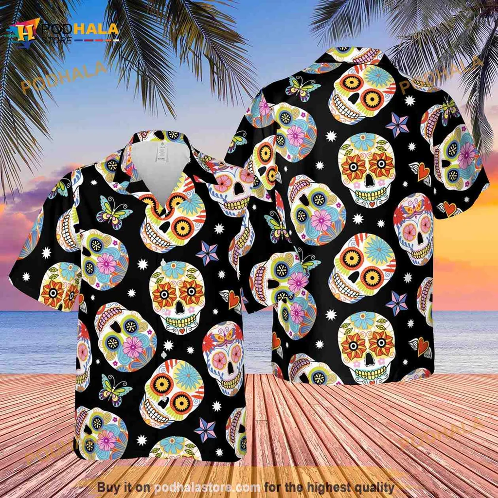 Skull Flower Tropical Hawaiian Shirt With Colorful Floral Patterns