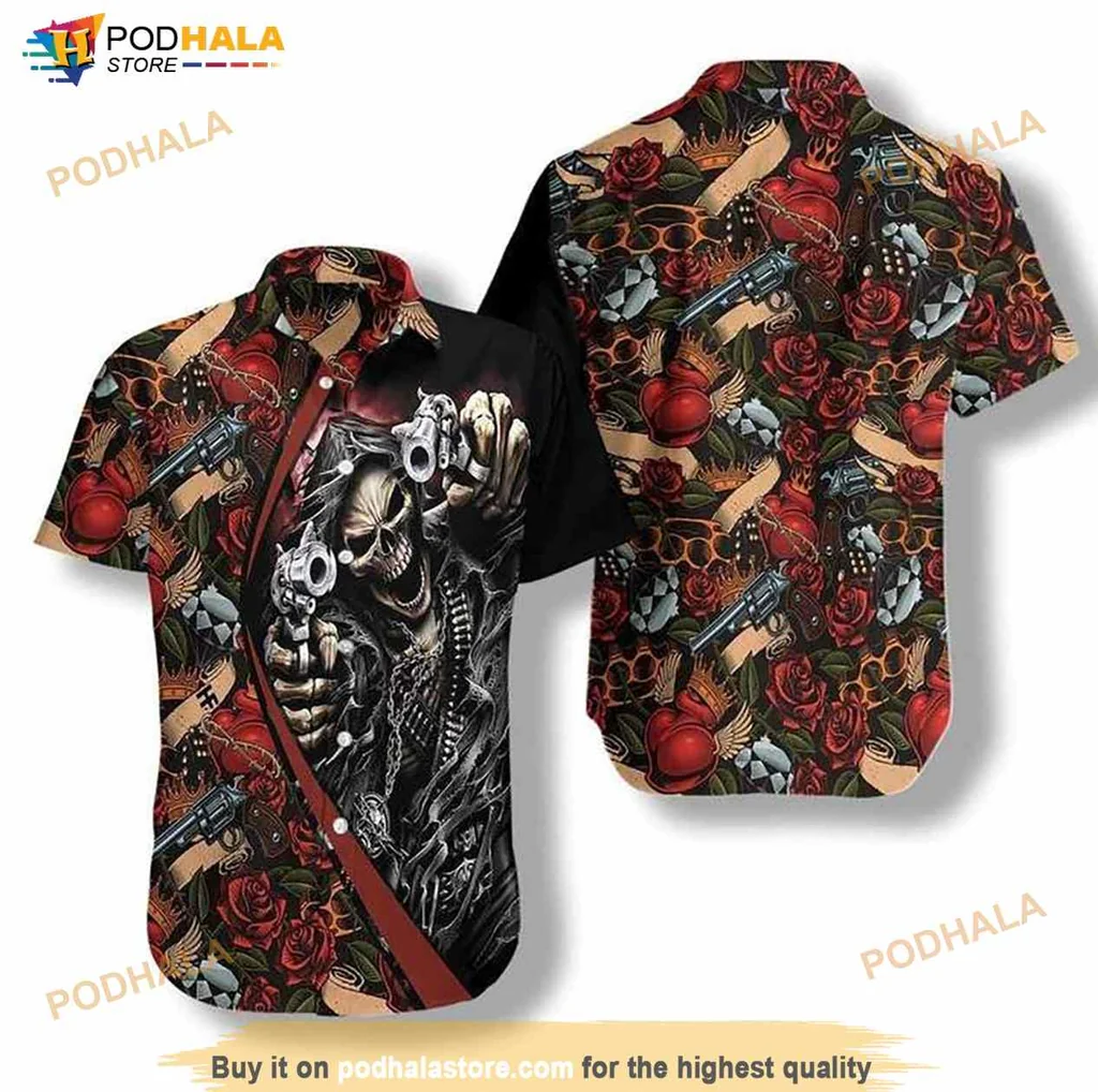 Skull Guns Hawaiian Shirt With Red Roses And Edgy Design