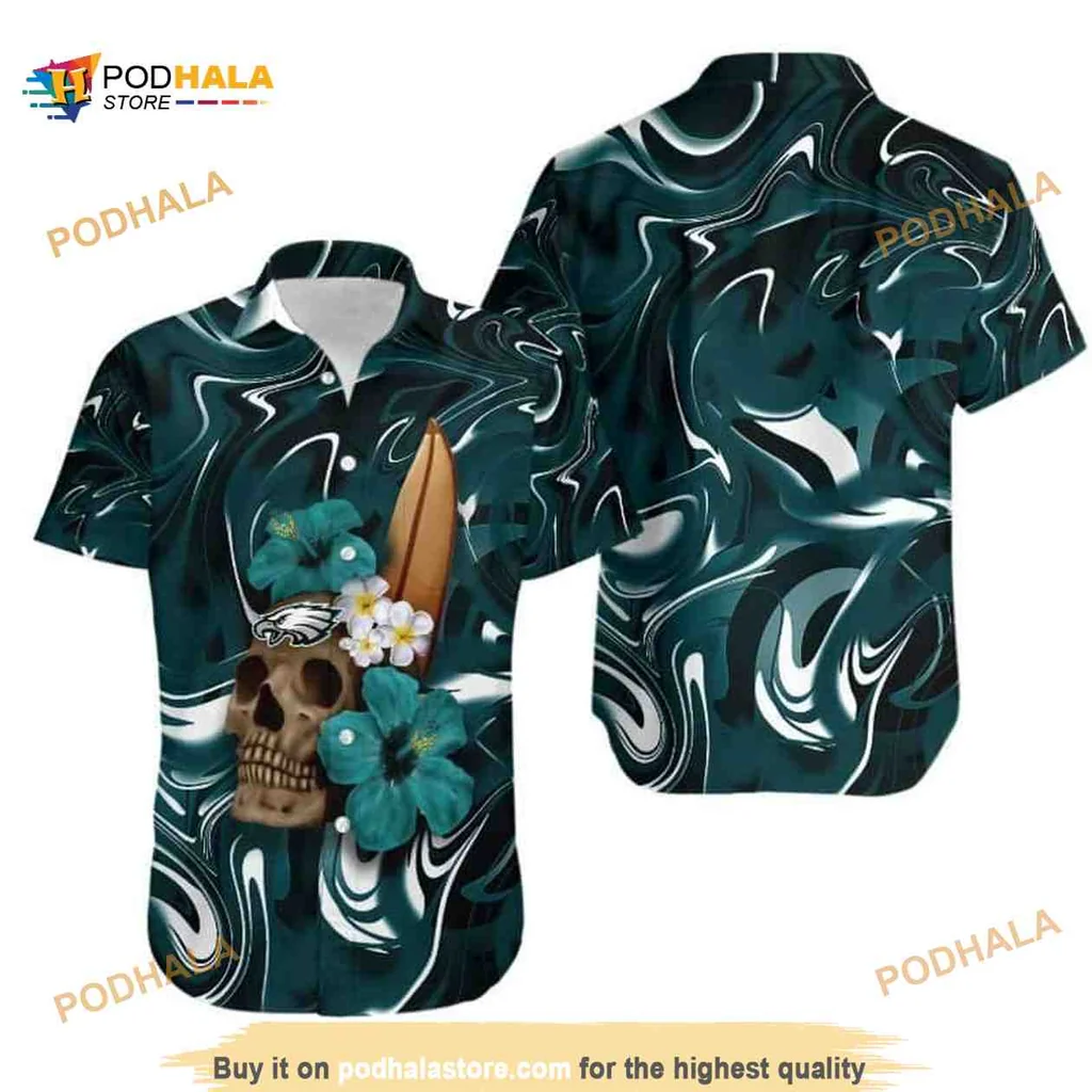 Skull Hibiscus Flower Hawaiian Shirt With Surfboard Design