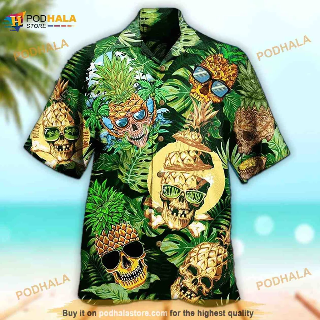 Skull Pineapple Hawaiian Shirt With Tropical Leaves And Sunglasses