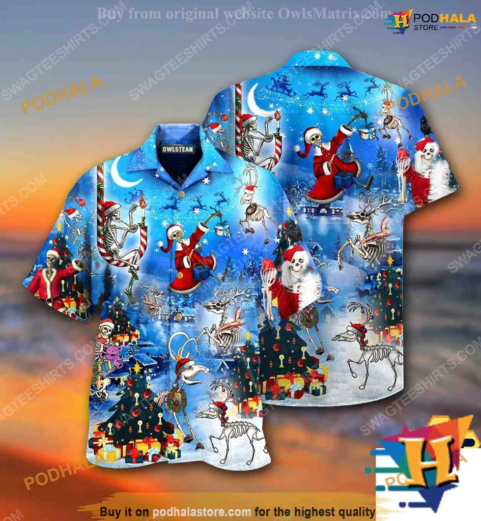 Skull Themed Christmas Hawaiian Shirt With Santa Skeletons And Festive Design