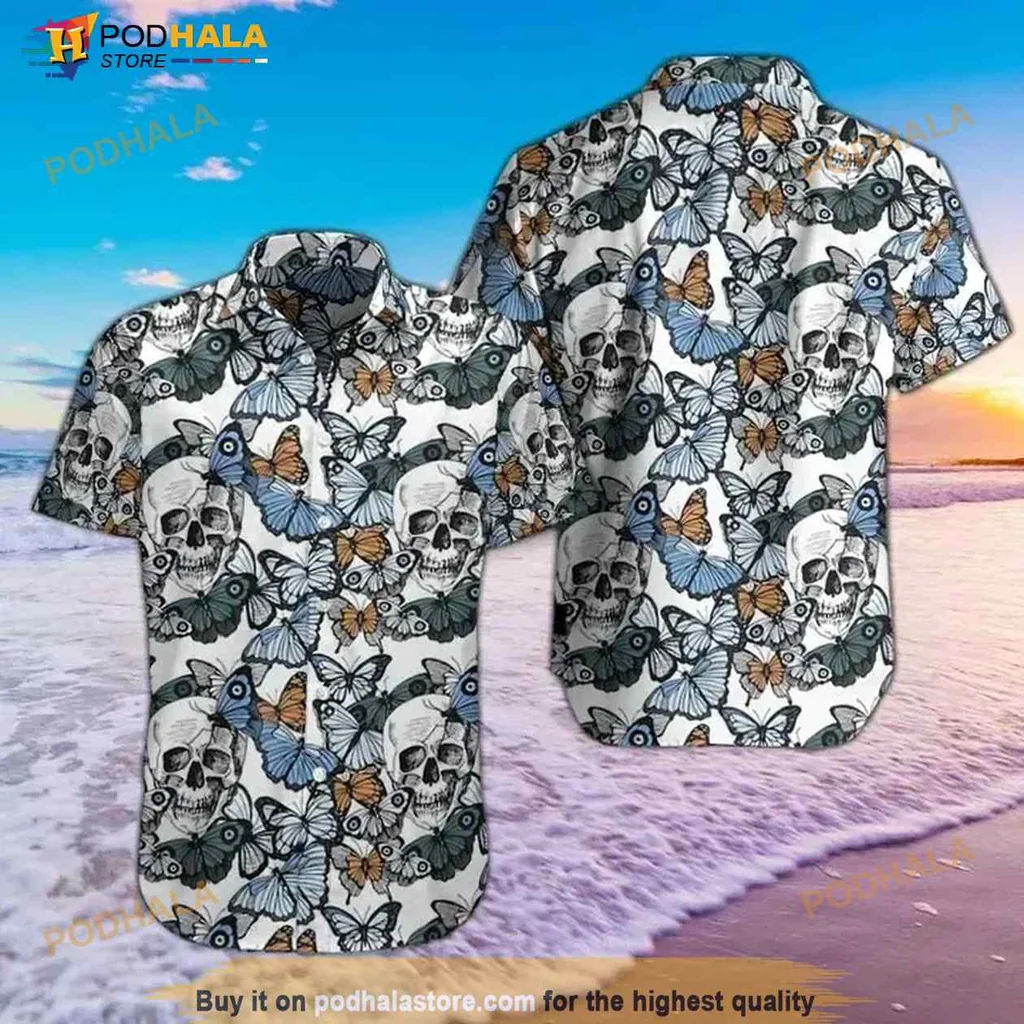 Skulls And Butterflies Hawaiian Shirt With Vibrant Edgy Design