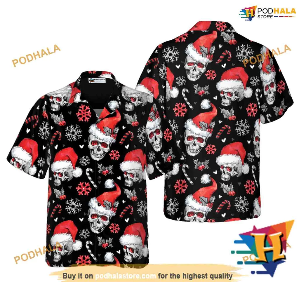 Skulls And Candy Canes Aloha Shirt With Santa Hats And Snowflakes