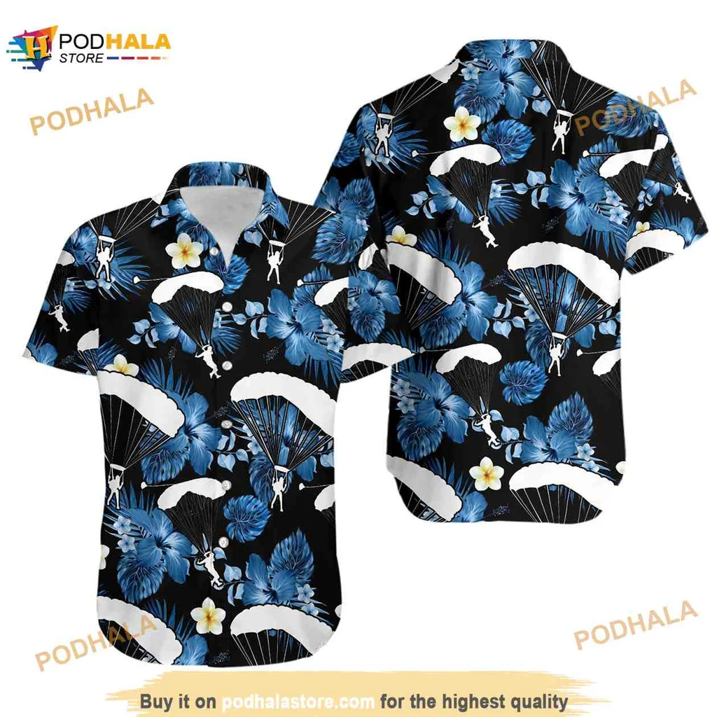 Skydiving Adventure Hawaiian Shirt With Tropical Flowers And Parachutes