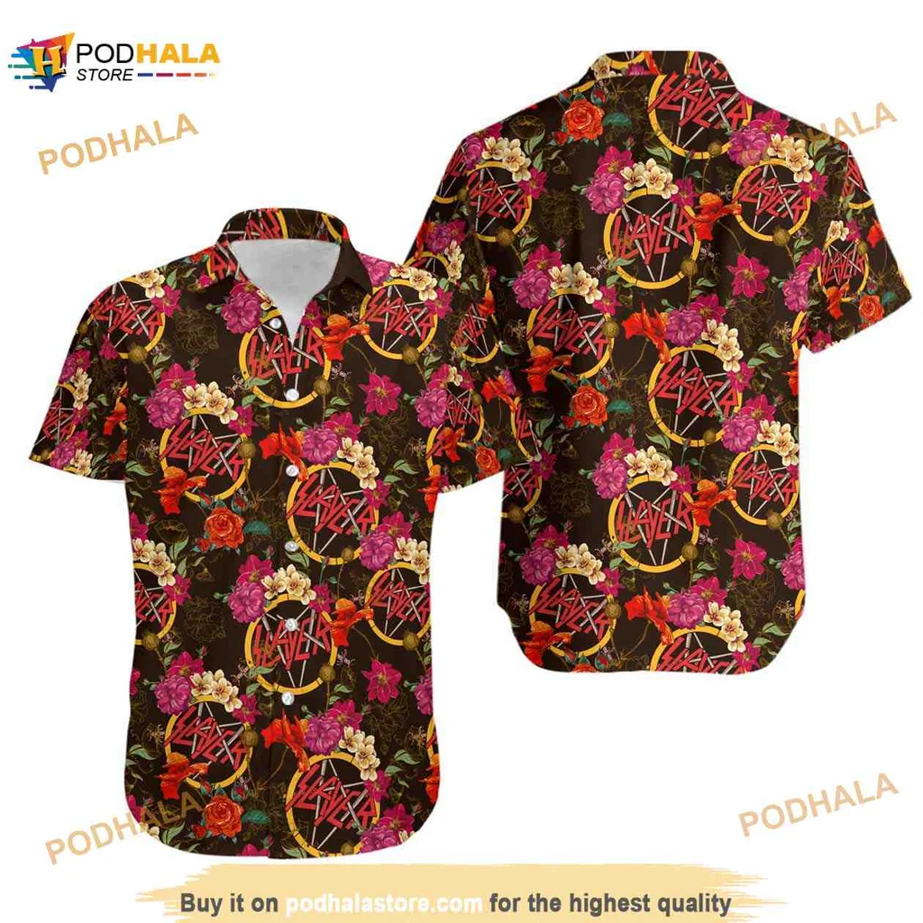 Slayer Band Floral Hawaiian Shirt With Bold Pentagram Design