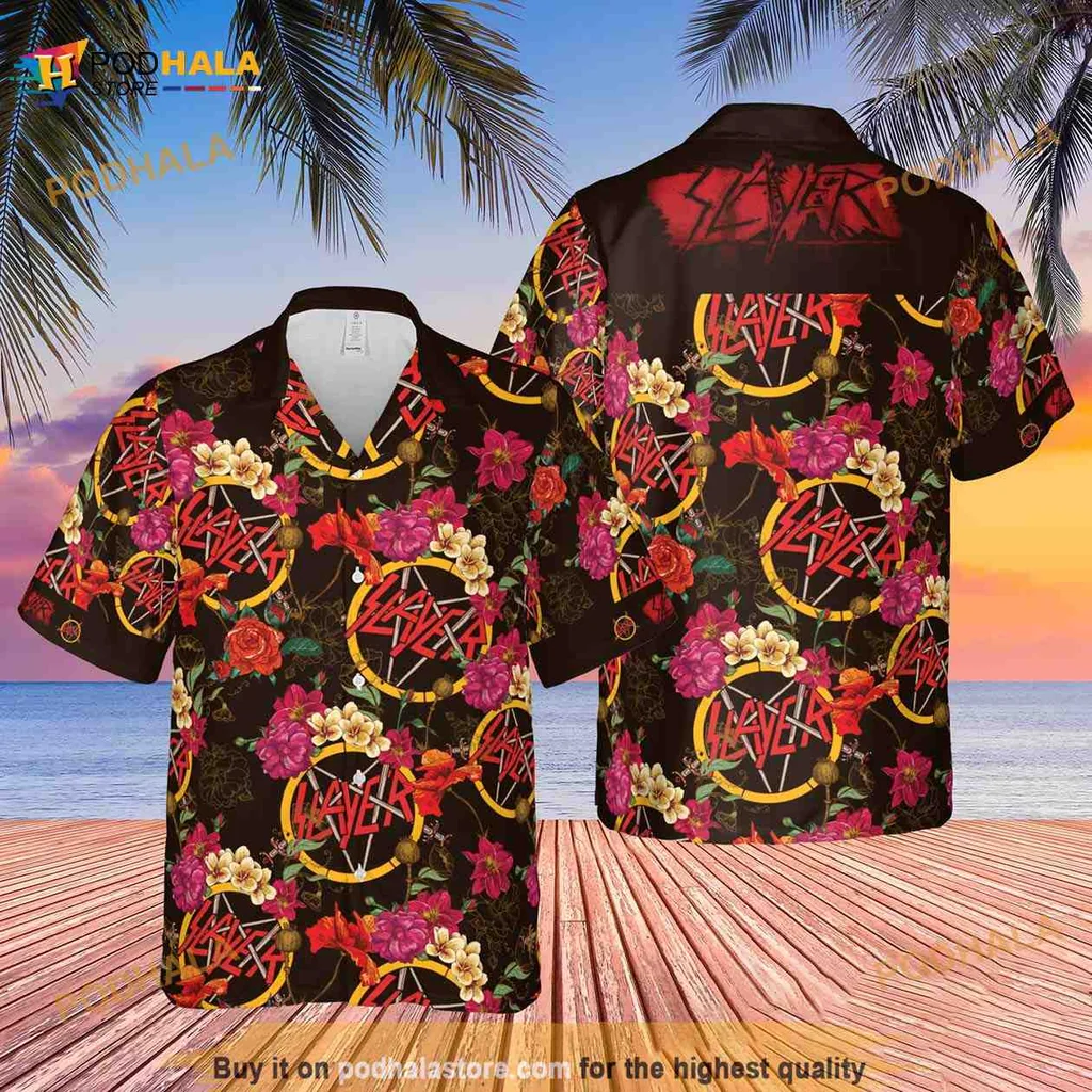 Slayer Band Hawaiian Shirt With Tropical Floral Design