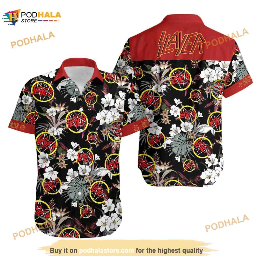Slayer Hawaiian Shirt With Tropical Floral Design And Pentagram Motifs