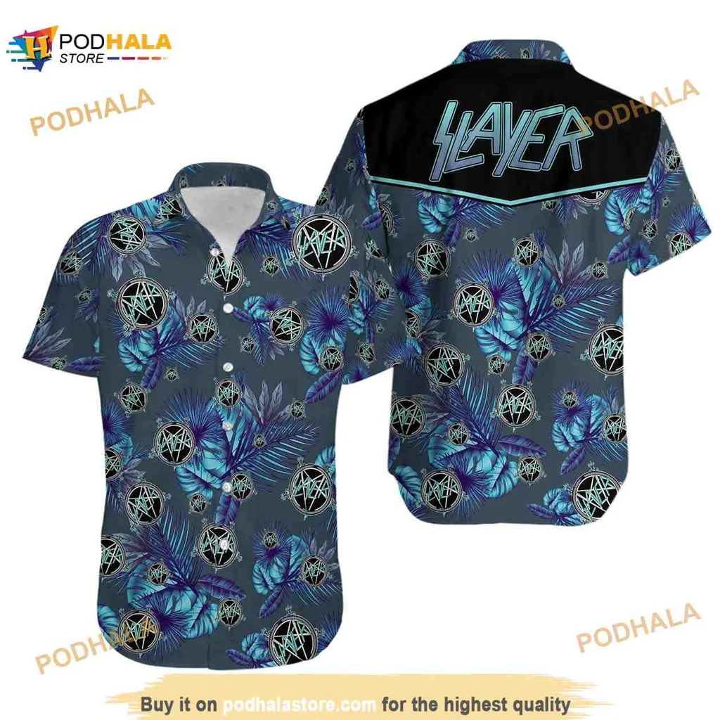 Slayer Tropical Aloha Shirt With Bold Blue Leaves And Geometric Shapes