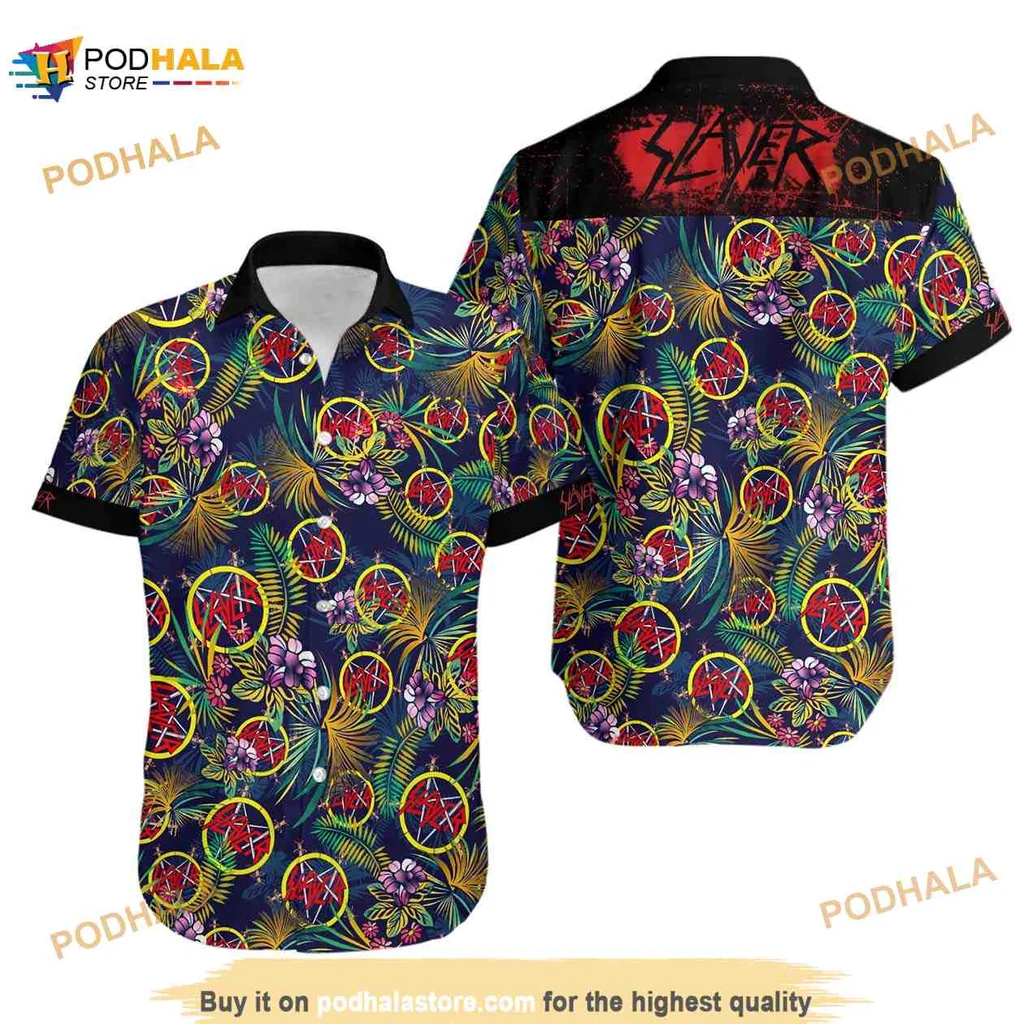 Slayer Tropical Aloha Shirt With Colorful Pentagrams And Palm Leaves