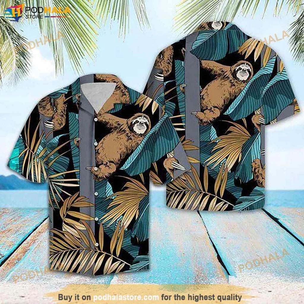 Sloth Graphic Hawaiian Shirt, Funny Tropical Shirt With Playful Sloths