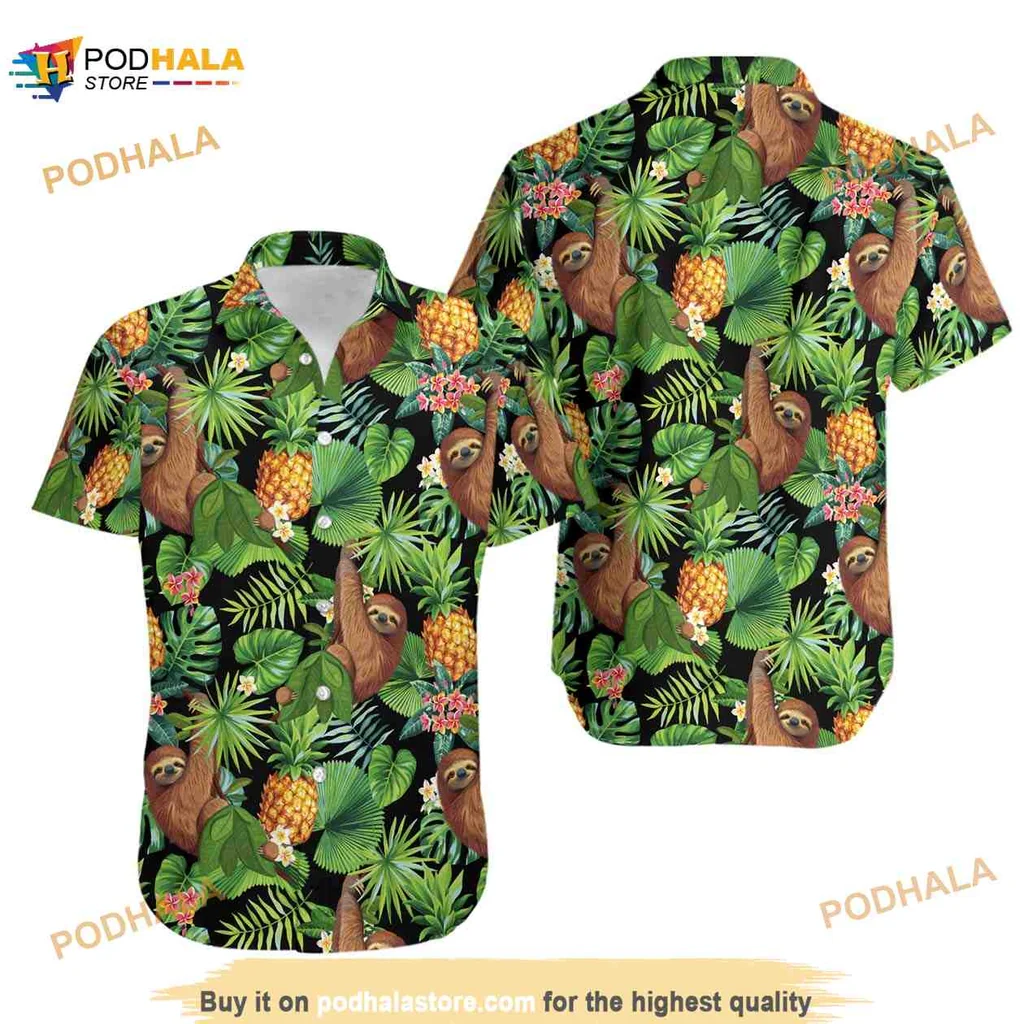 Sloth Pineapple Tropical Hawaiian Shirt With Lush Green Leaves