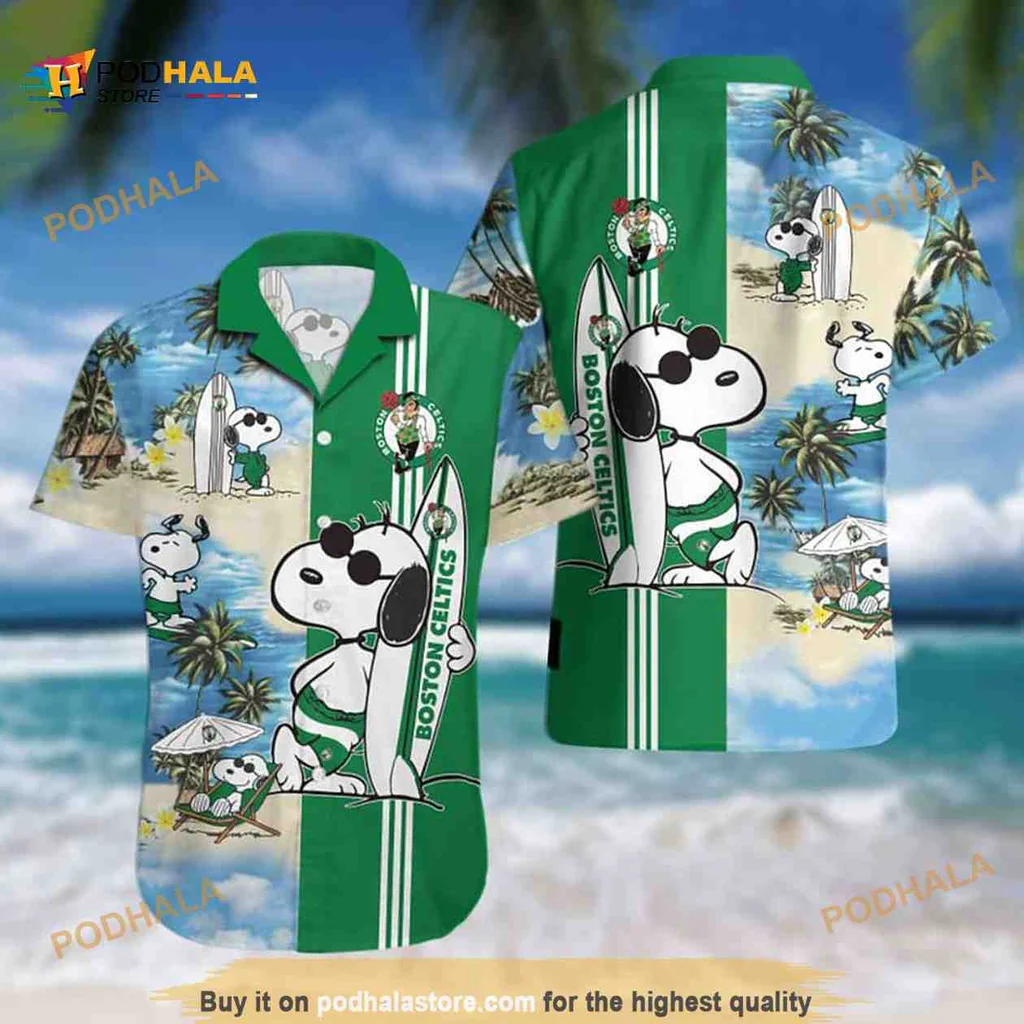 Snoopy Boston Celtics Hawaiian Shirt With Surfboard And Tropical Design
