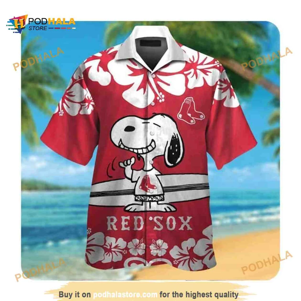 Snoopy Boston Red Sox Aloha Shirt With Hibiscus Flowers