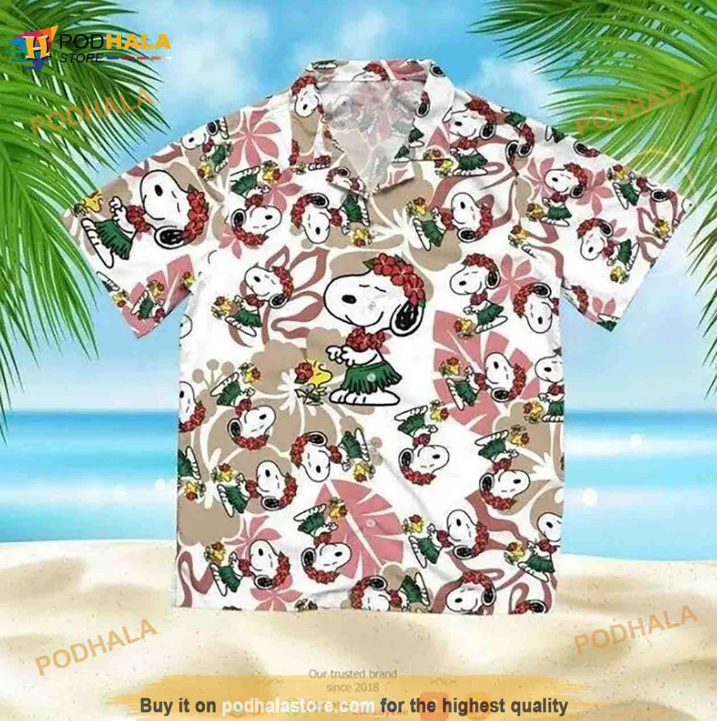 Snoopy Hawaiian Shirt Featuring Dancing Snoopy With Hula Skirt And Lei