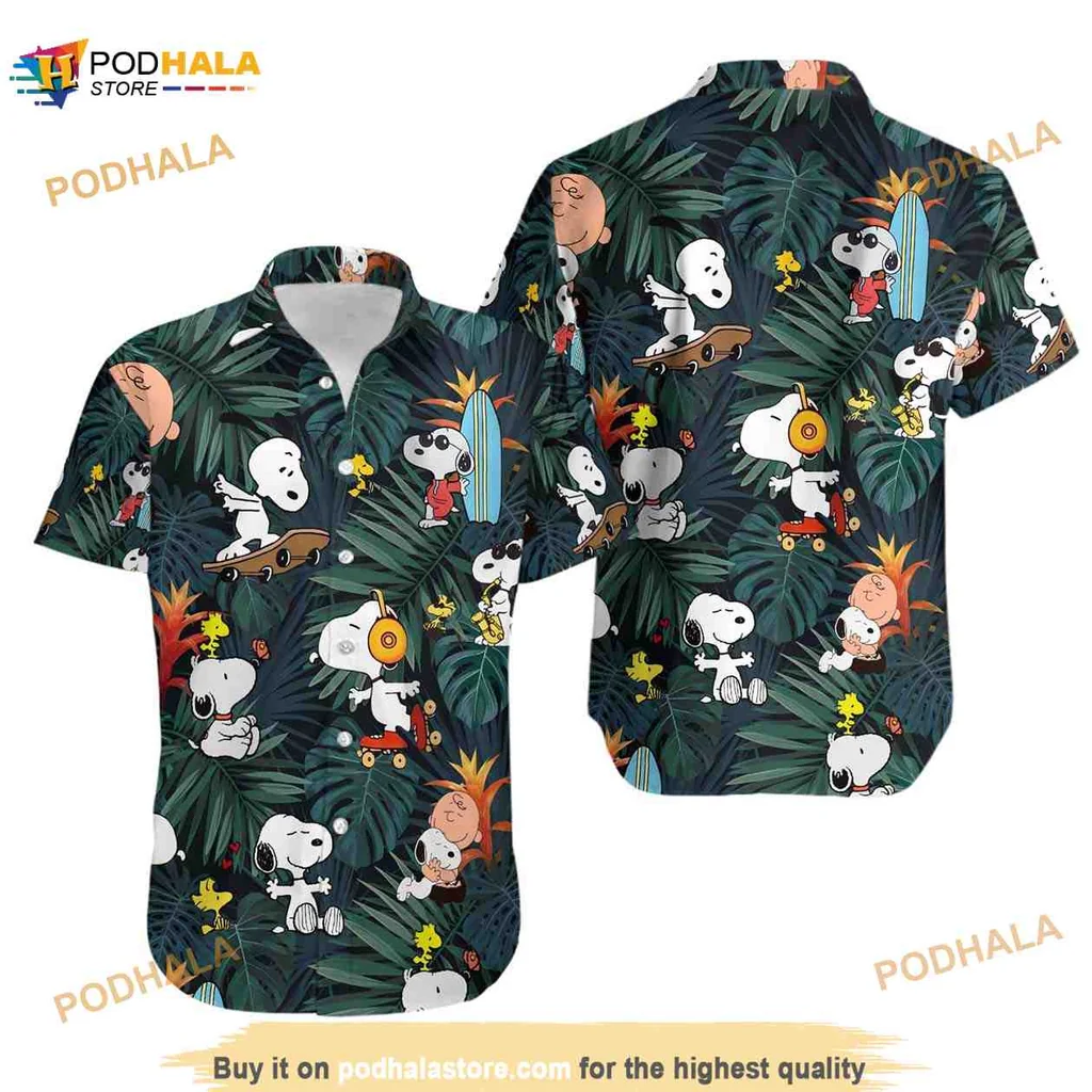 Snoopy Summer Hawaiian Shirt With Tropical Print And Playful Characters