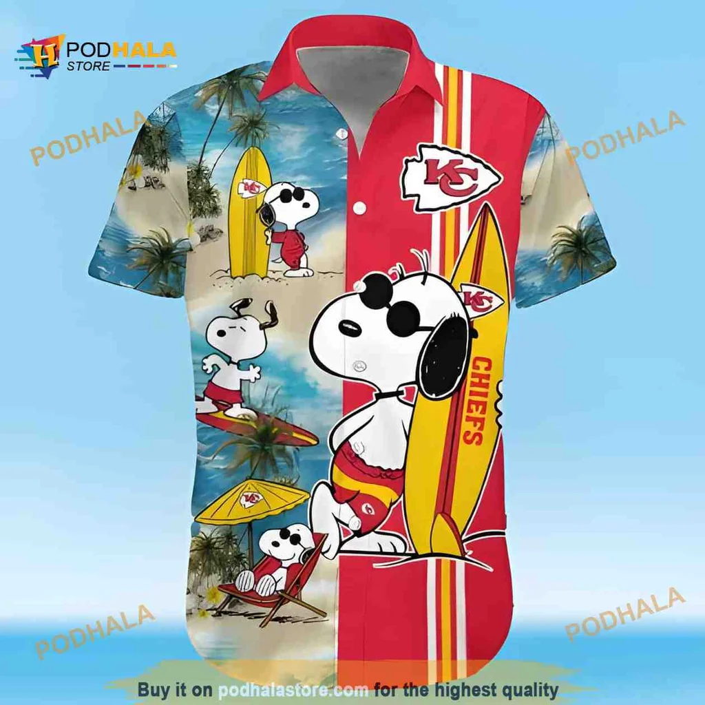 Snoopy Surfing Kansas City Chiefs Hawaiian Shirt With Tropical Design