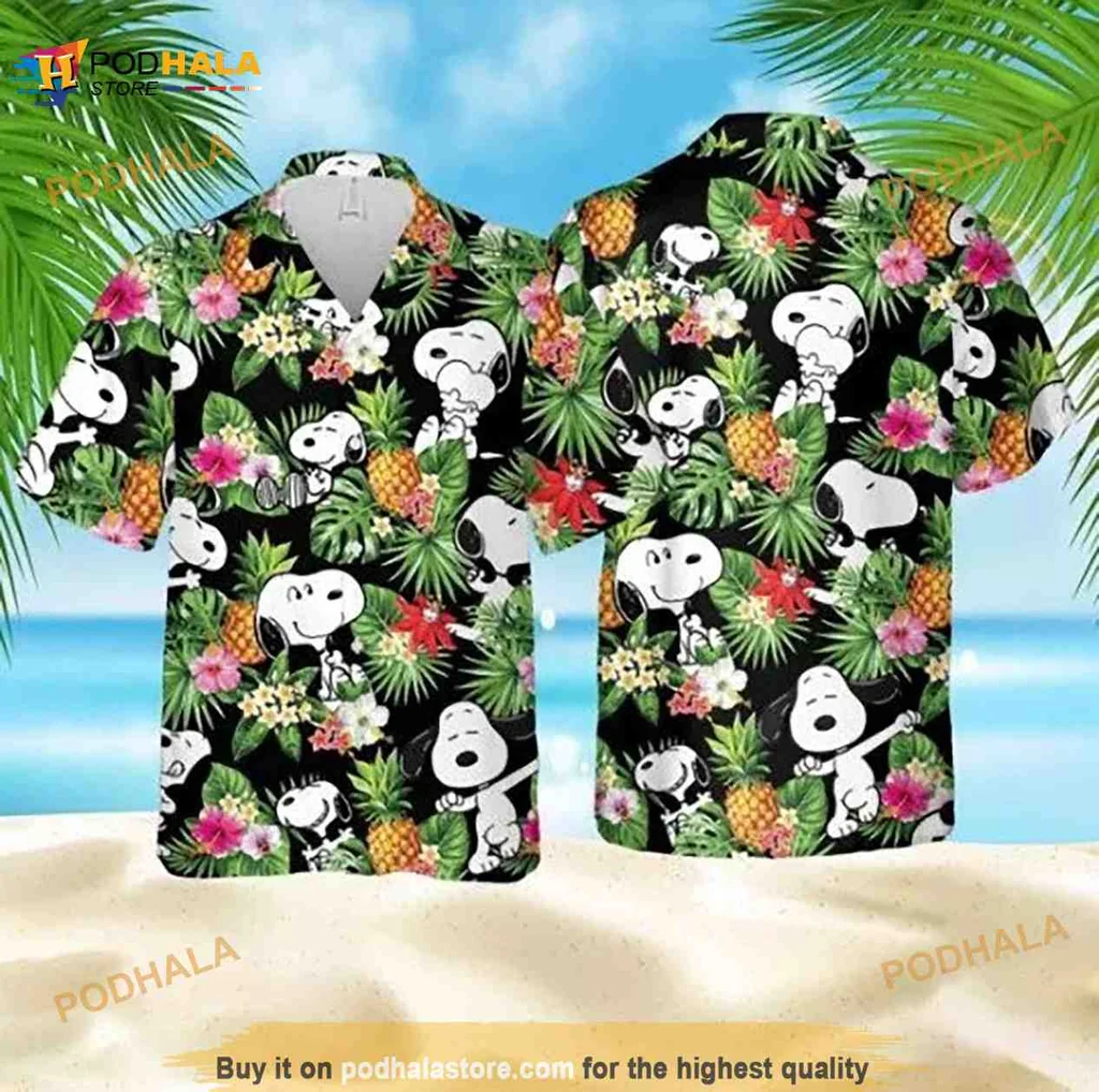 Snoopy Tropical Aloha Shirt With Playful Cartoon Design And Hibiscus Flowers