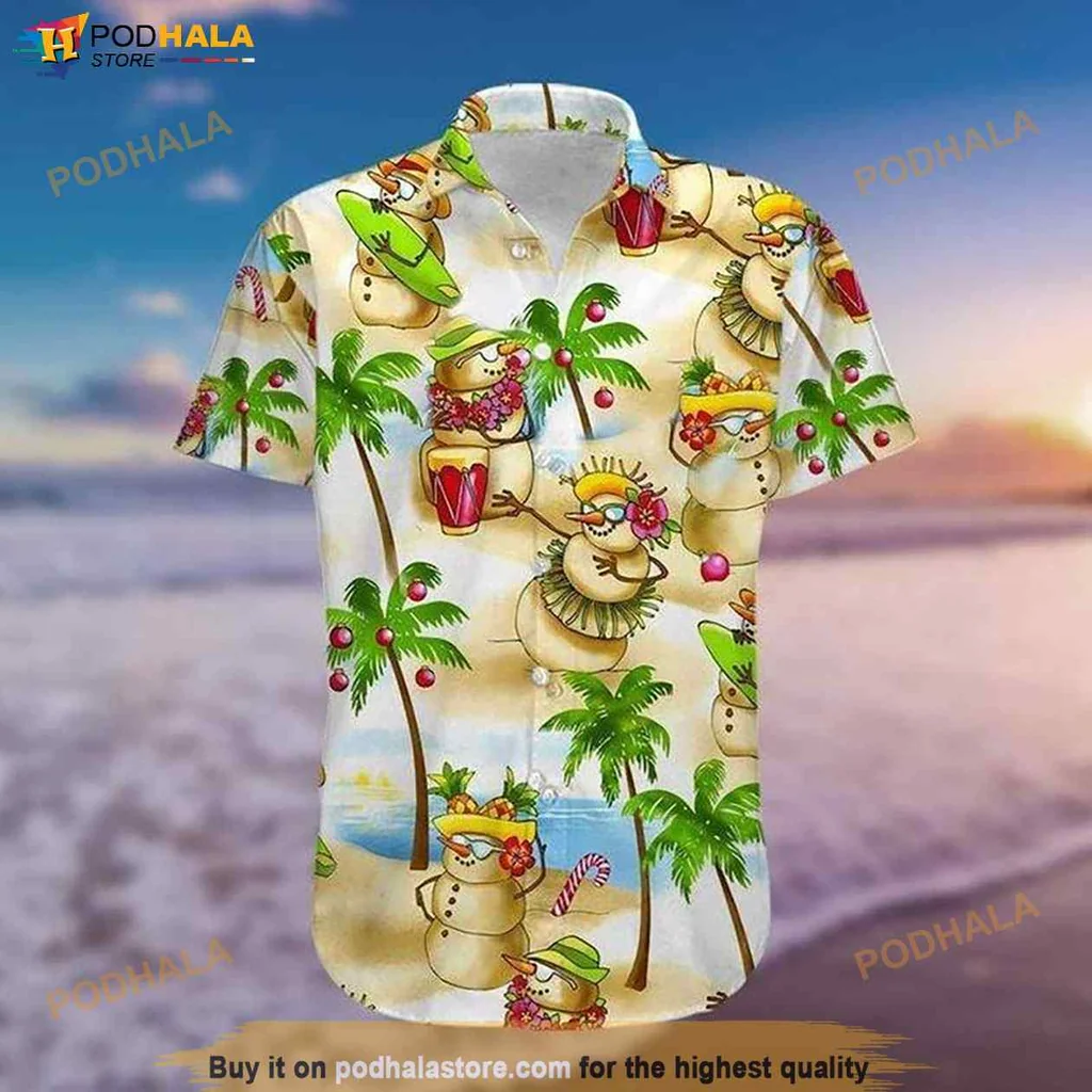 Snowman Tropical Hawaiian Shirt, Festive Beachwear With Playful Snowmen Design