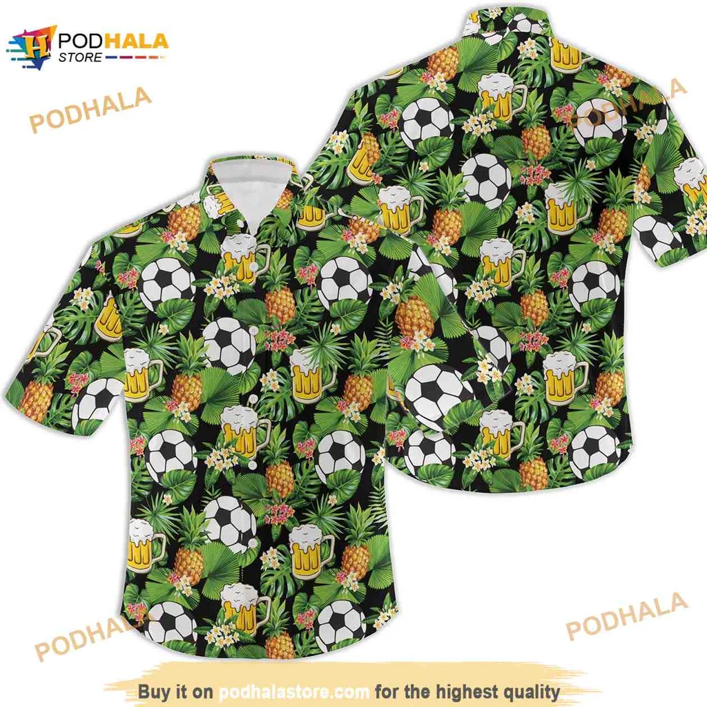 Soccer Beer Tropical Hawaiian Shirt With Pineapples And Palm Leaves