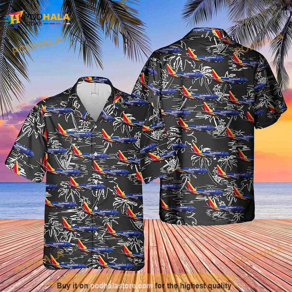 Southwest Airlines Hawaiian Shirt With Tropical Palm Trees And Airplanes