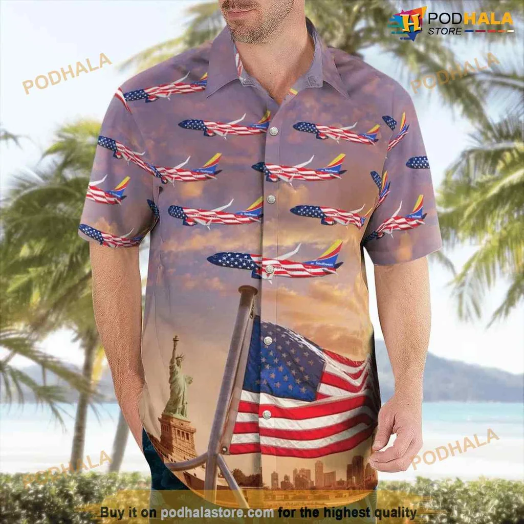 Southwest Airlines Patriotic Hawaiian Shirt With Boeing 737 And Statue Of Liberty