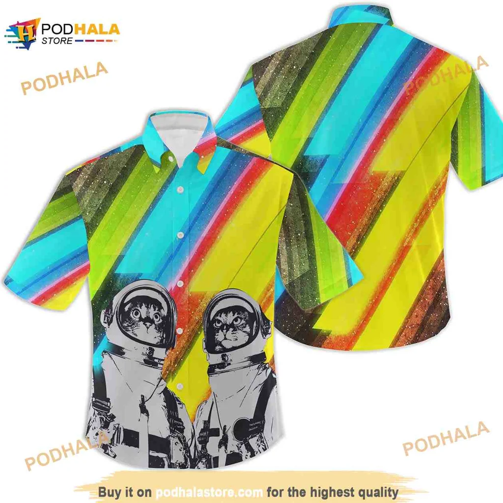Spacecats Hawaiian Shirt With Colorful Stripes And Astronaut Design