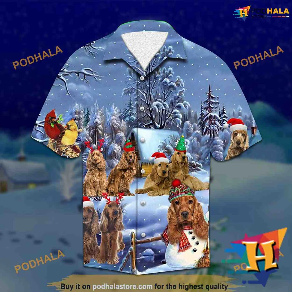 Spaniel Dog Christmas Hawaiian Shirt With Santa Hats And Scarves