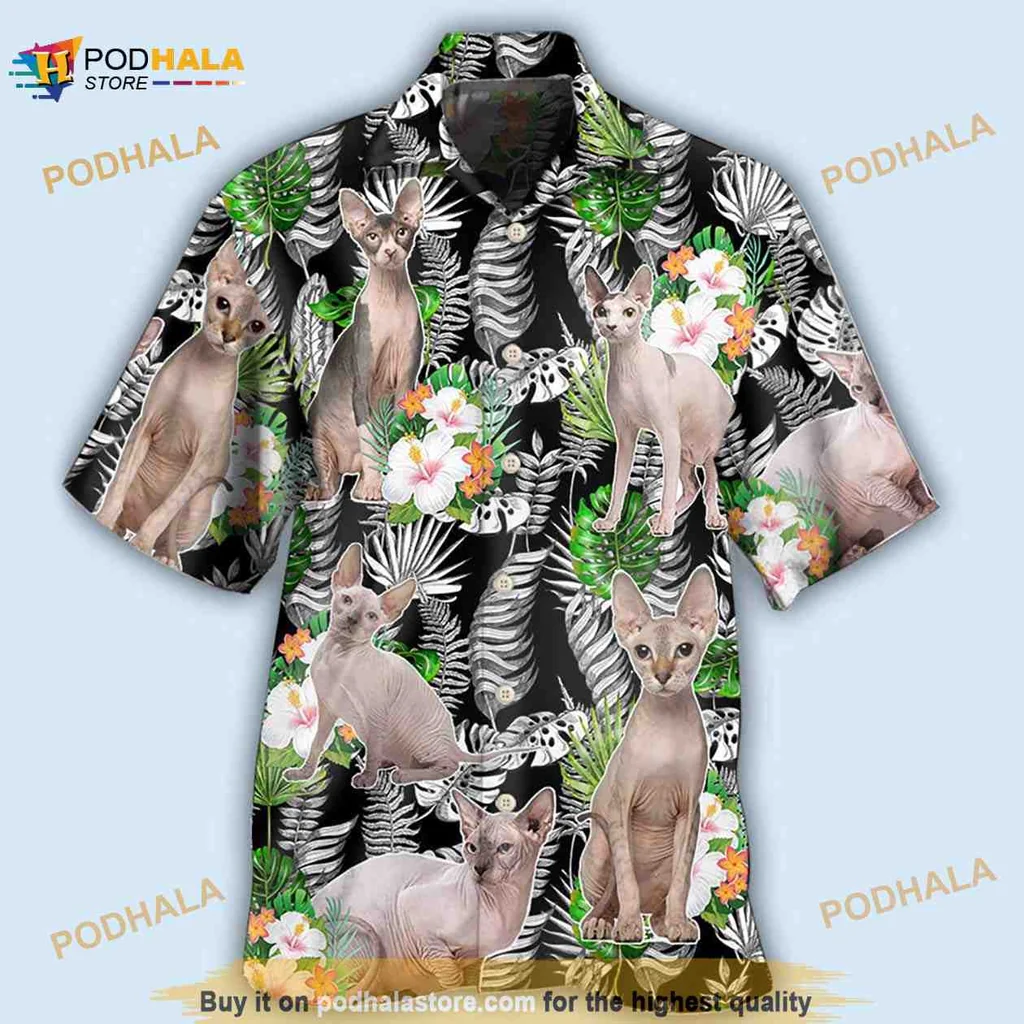 Sphynx Cat Tropical Aloha Shirt With Vibrant Hibiscus Design