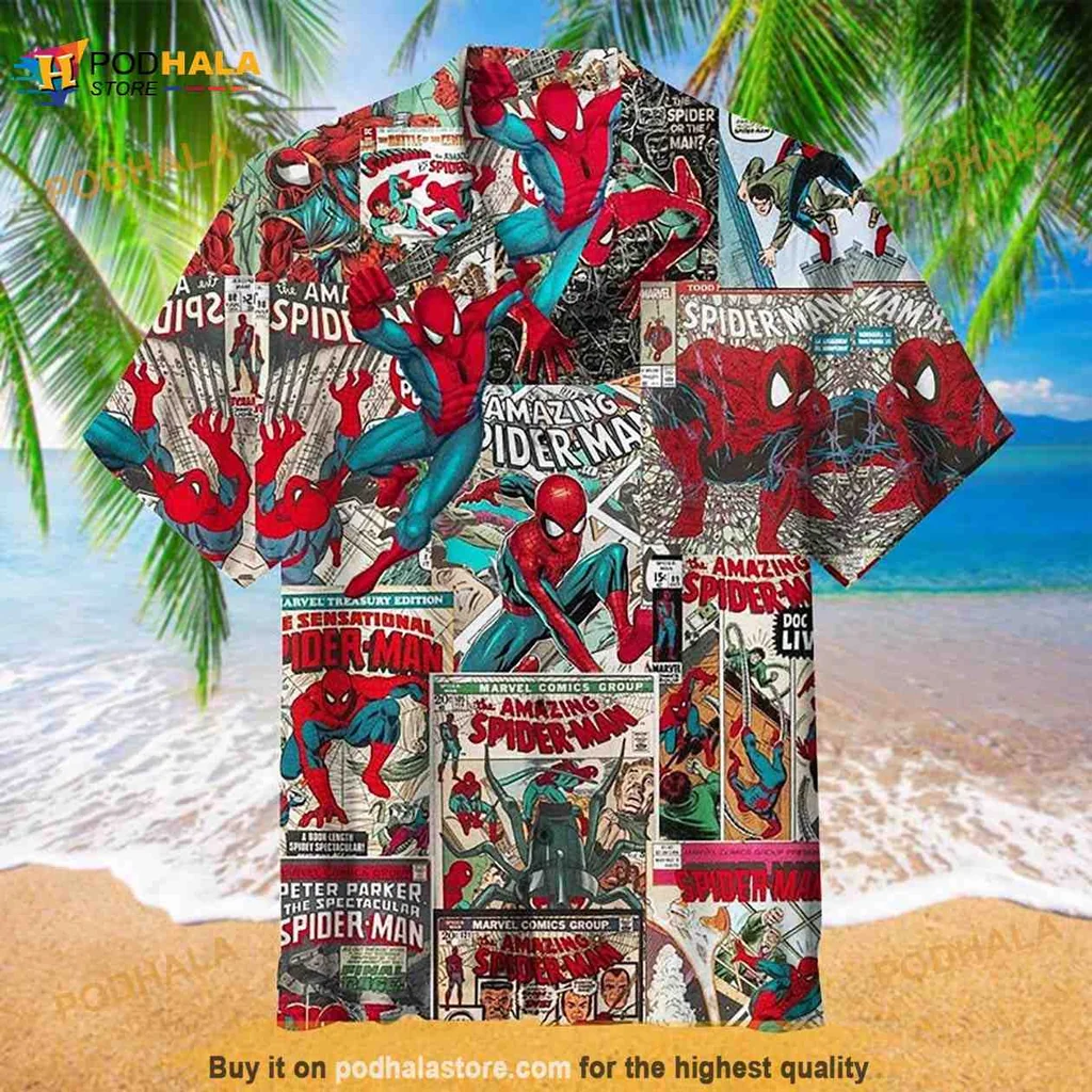 Spider Man Comic Book Hawaiian Shirt, Vibrant Action Poses Design