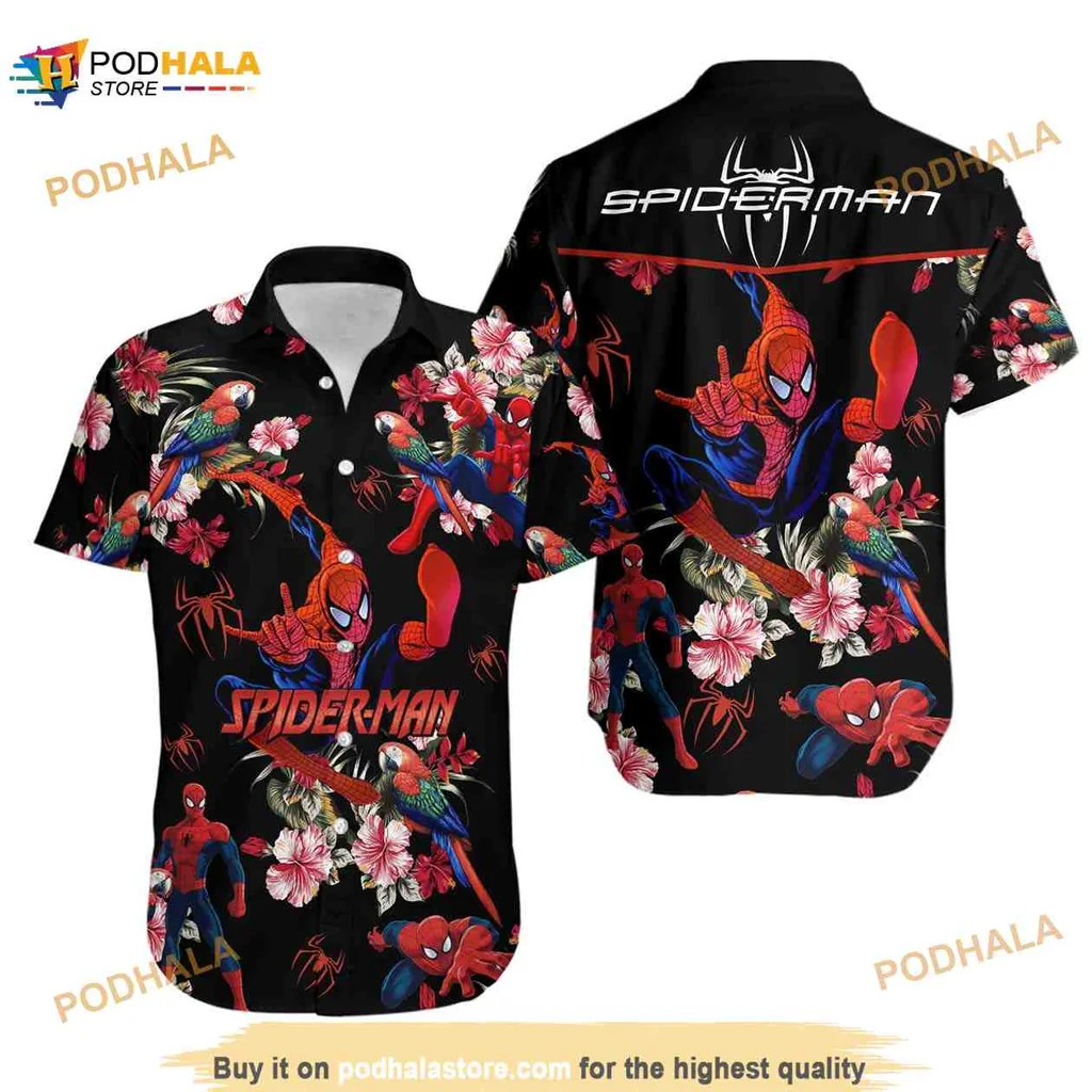 Spider Man Tropical Aloha Shirt With Hibiscus Flowers And Action Poses