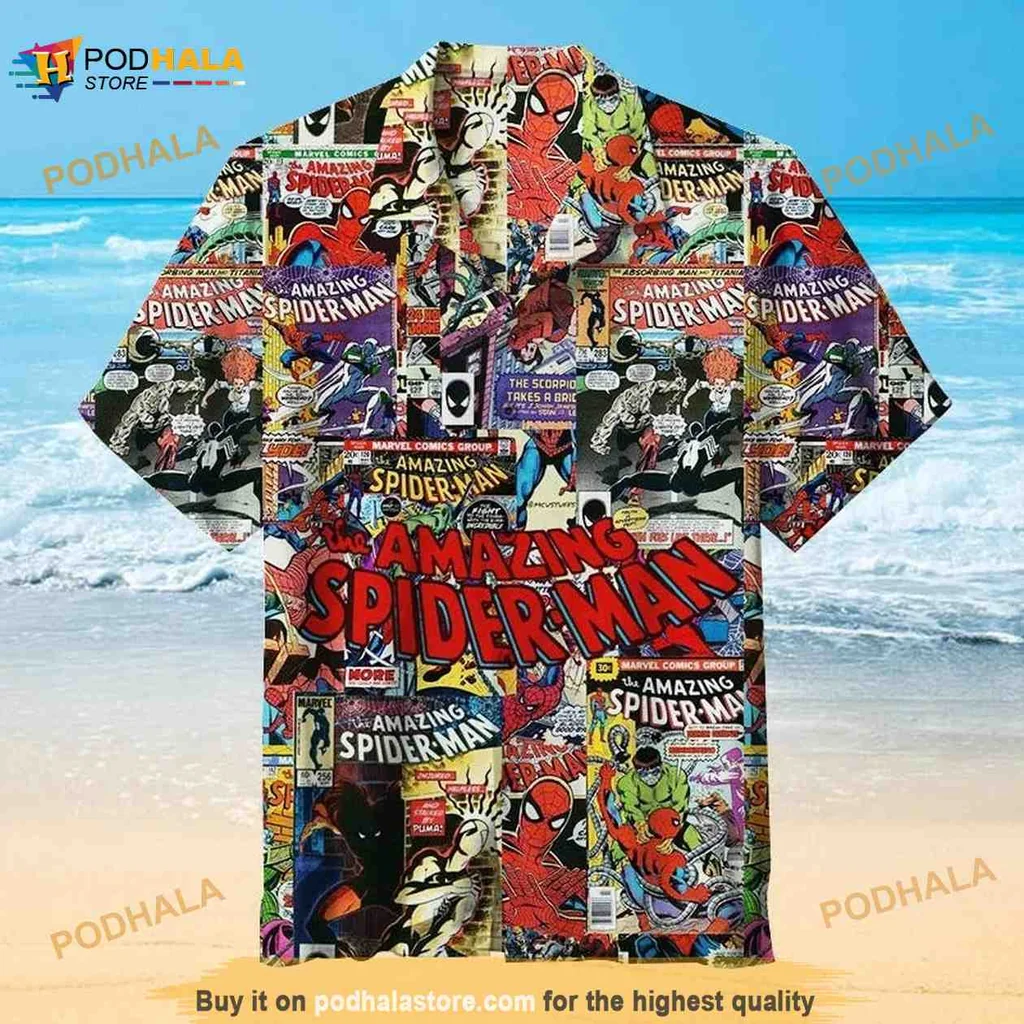 Spiderman Comic Book Hawaiian Shirt Featuring Vibrant Action Panels
