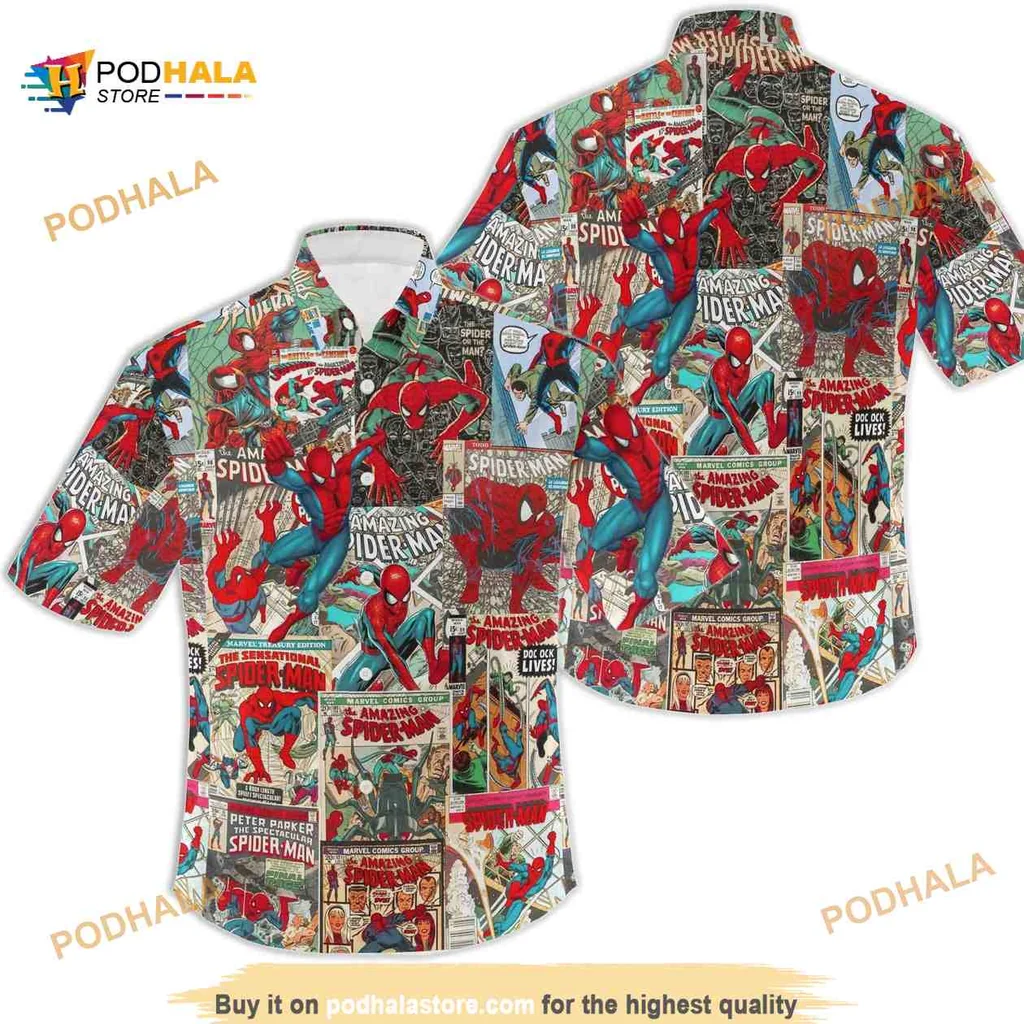 Spiderman Comic Book Hawaiian Shirt Featuring Vibrant Action Poses