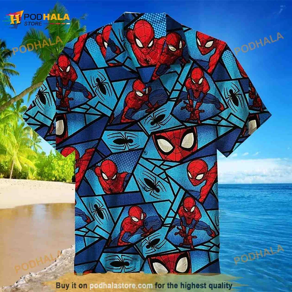 Spiderman Hawaiian Shirt With Dynamic Poses And Geometric Background