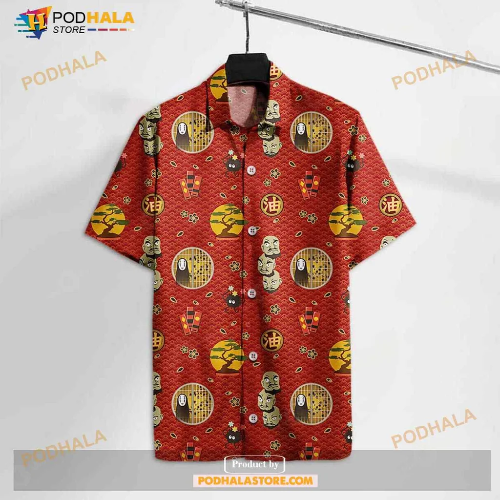 Spirited Away No Face Hawaiian Shirt, Red Cartoonish Anime Design