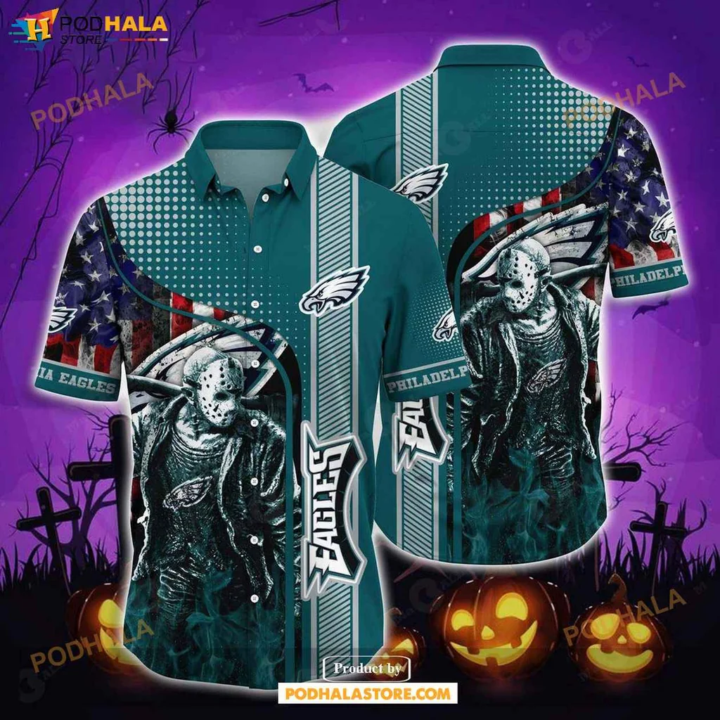 Spooky Football Player Eagles Hawaiian Shirt, Halloween Themed Sportswear