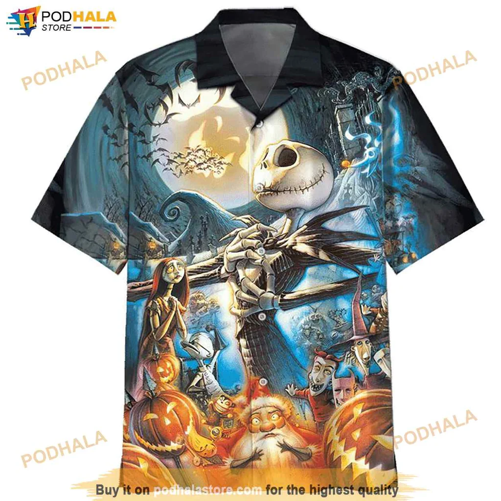 Spooky Jack Skellington Hawaiian Shirt, Halloween Graphic Tee With Pumpkins And Bats