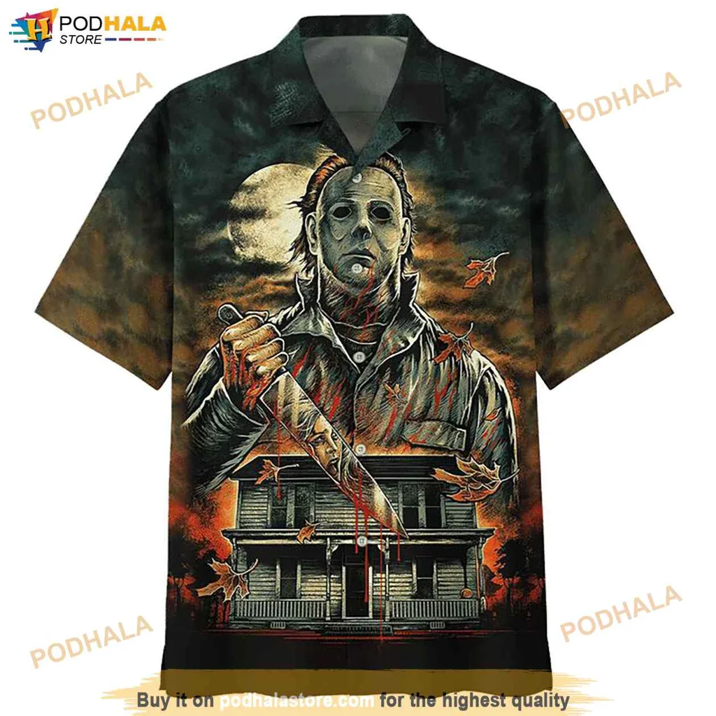Spooky Jason Voorhees Hawaiian Shirt, Horror Graphic Shirt For Men With Machete Design