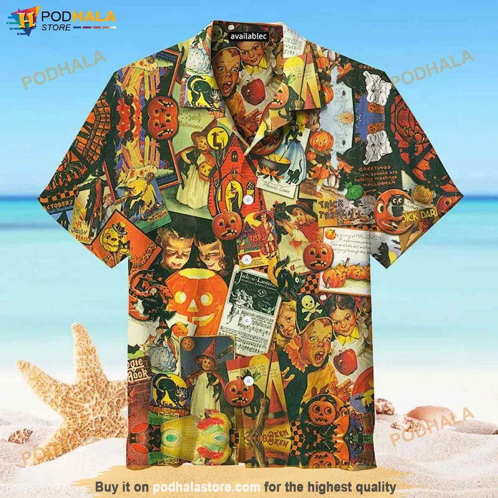 Spooky Vintage Halloween Hawaiian Shirt With Retro Pumpkins And Ghosts Design