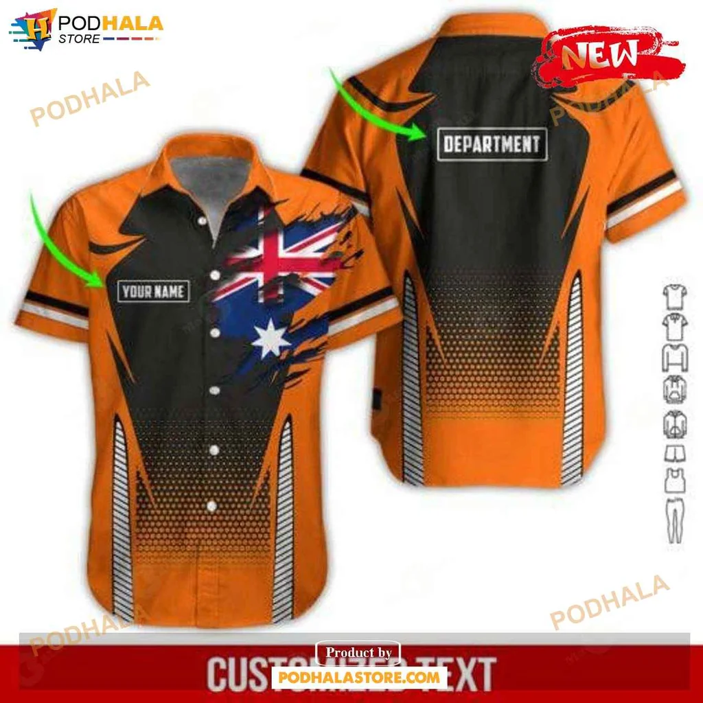 Sporty Australian Flag Hawaiian Shirt, Personalized Orange Workwear For Summer