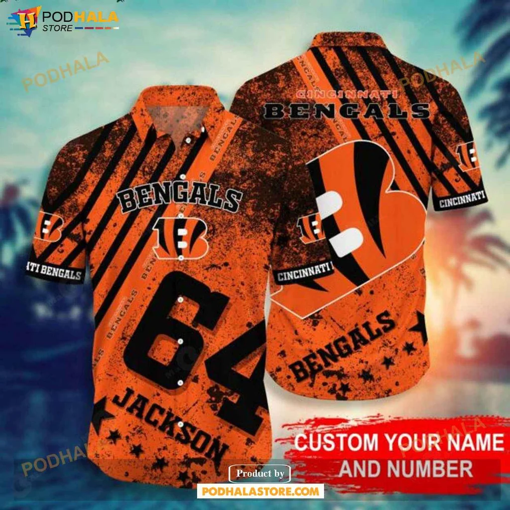 Sporty Bengals Fan Hawaiian Shirt, Vibrant Orange And Black Design With Jackson