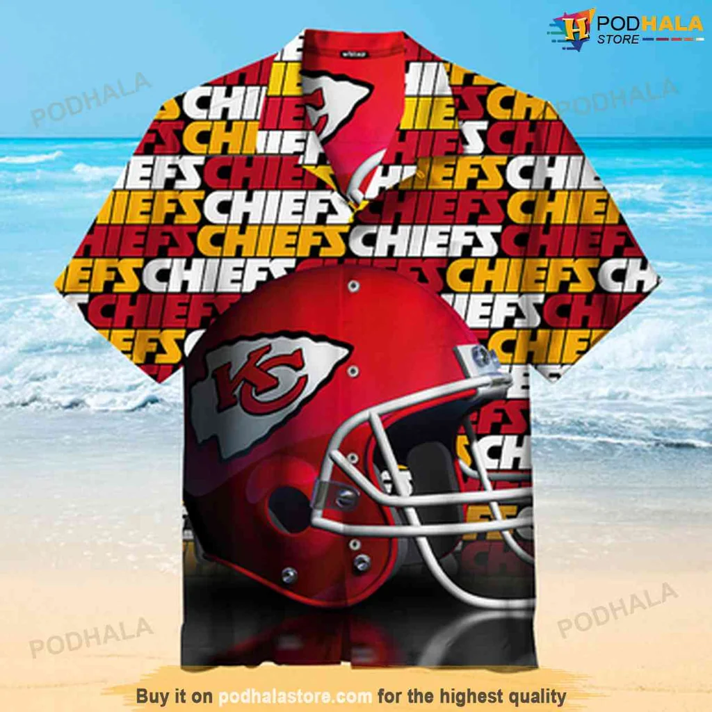 Sporty Chiefs Fan Hawaiian Shirt, Vibrant All Over Print With Football Helmet Design