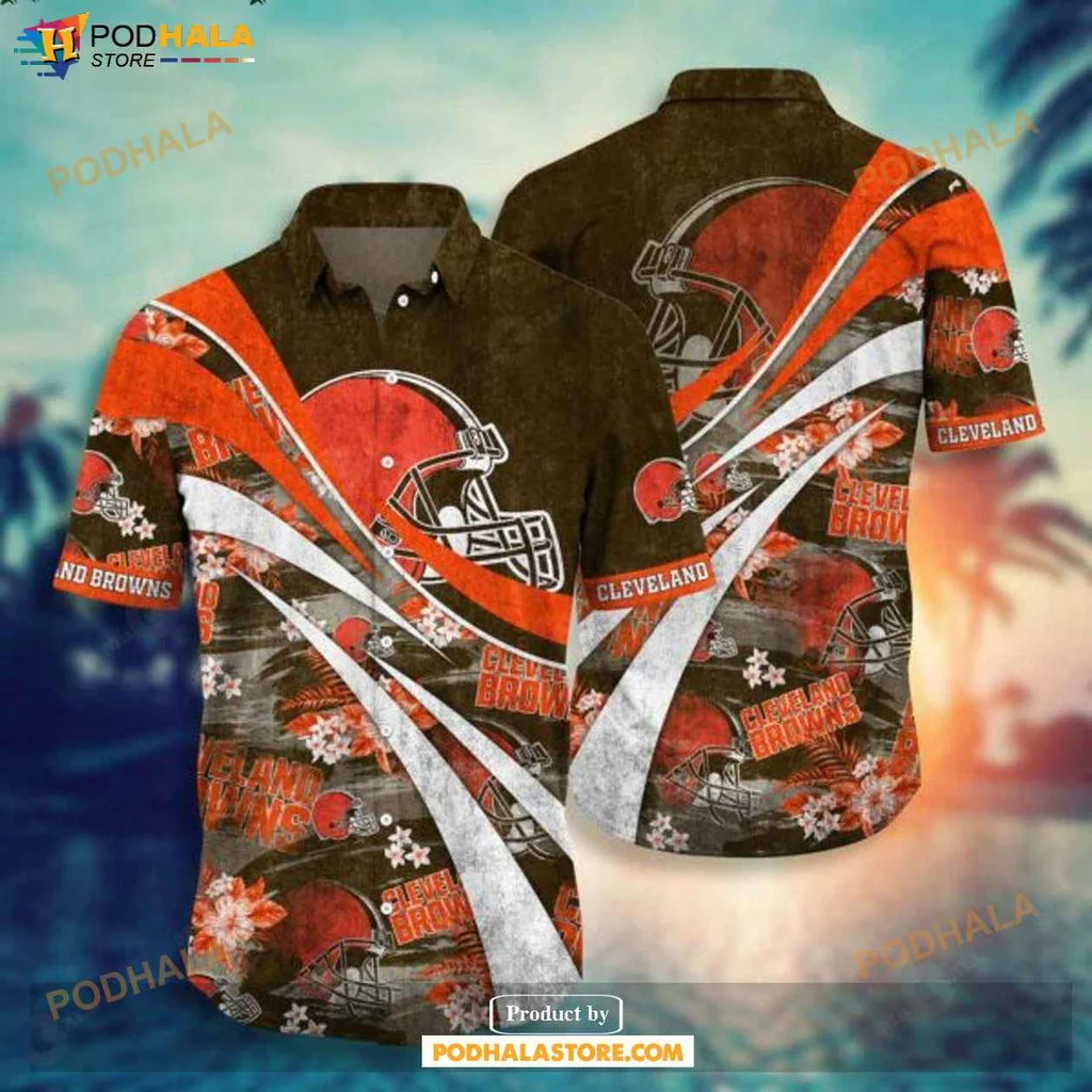 Sporty Cleveland Browns Hawaiian Shirt With Dynamic Helmet Design And Bold Colors