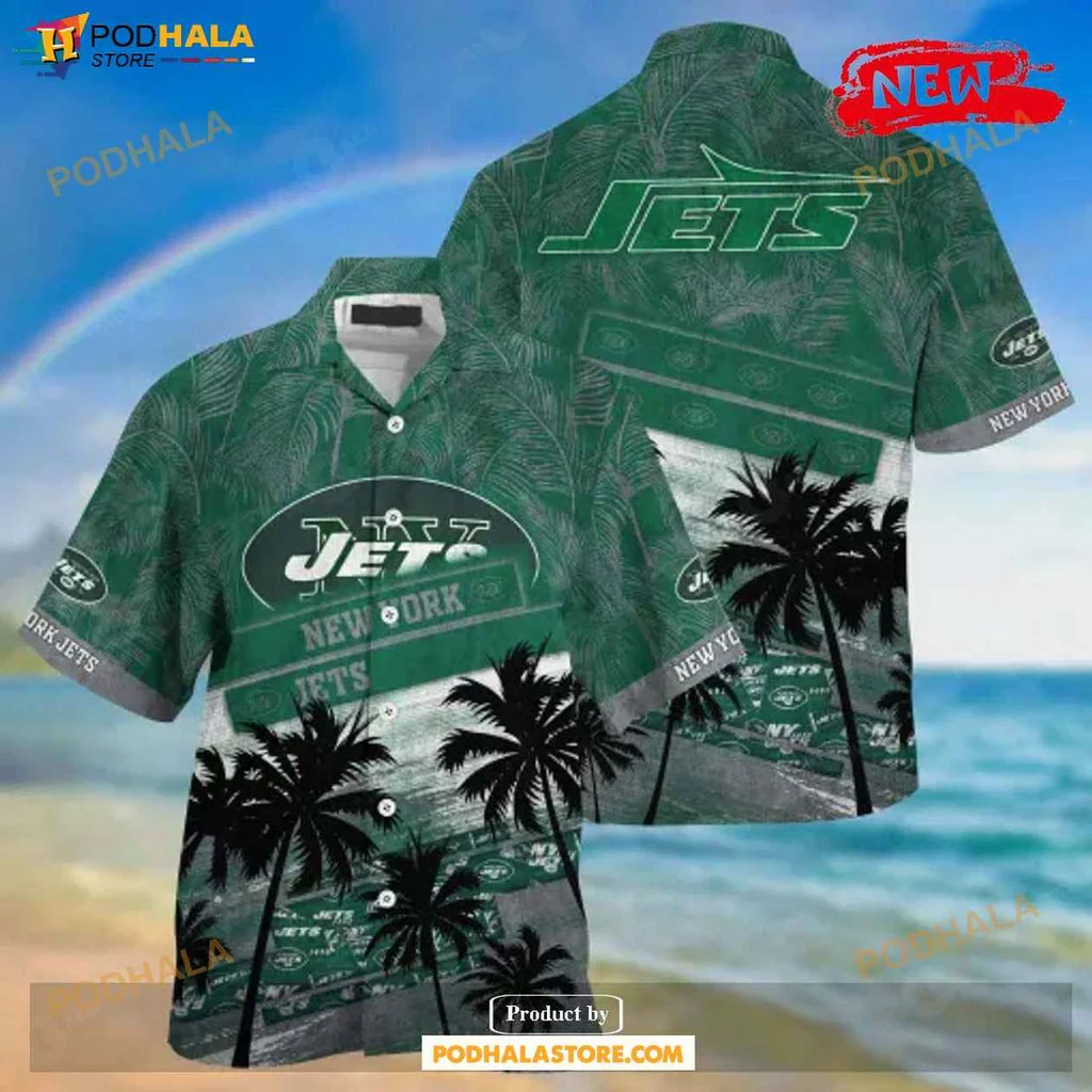 Sporty Jets Aloha Shirt, New York Jets Palm Tree Pattern Tropical Shirt