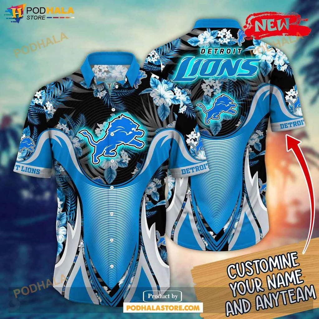Sporty Lions Aloha Shirt, Personalized Detroit Lions Floral Summer Shirt