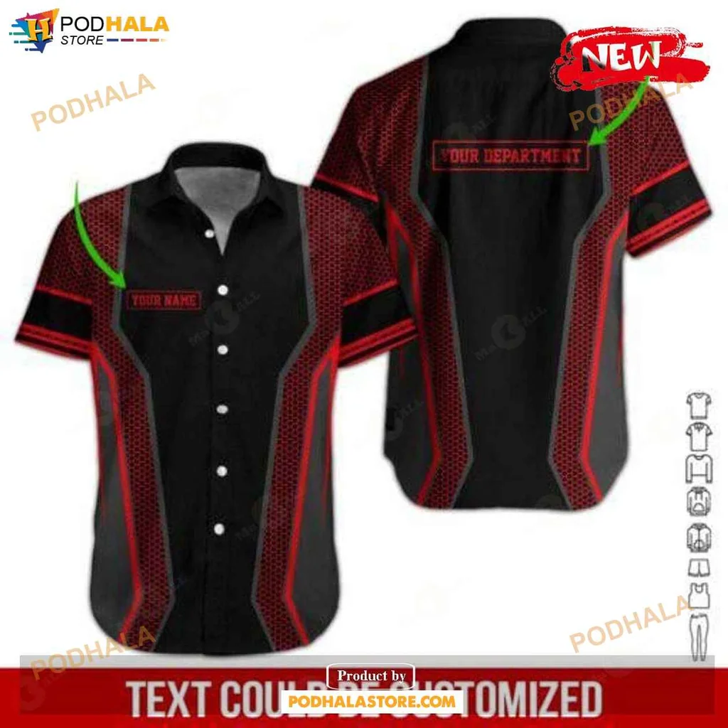 Sporty Pattern Hawaiian Shirt, Personalized Red Workwear Design For Summer