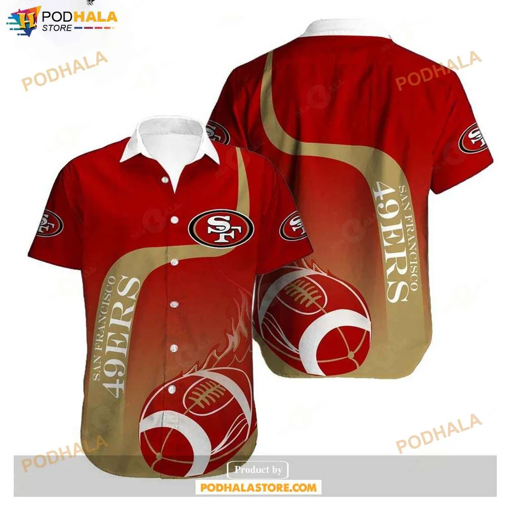Sporty Proud 49ers Aloha Shirt, Red And Gold Football Graphic Design Shirt