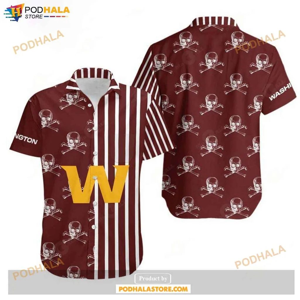 Sporty Proud Washington Hawaiian Shirt With Maroon Stripes And Skull Graphics
