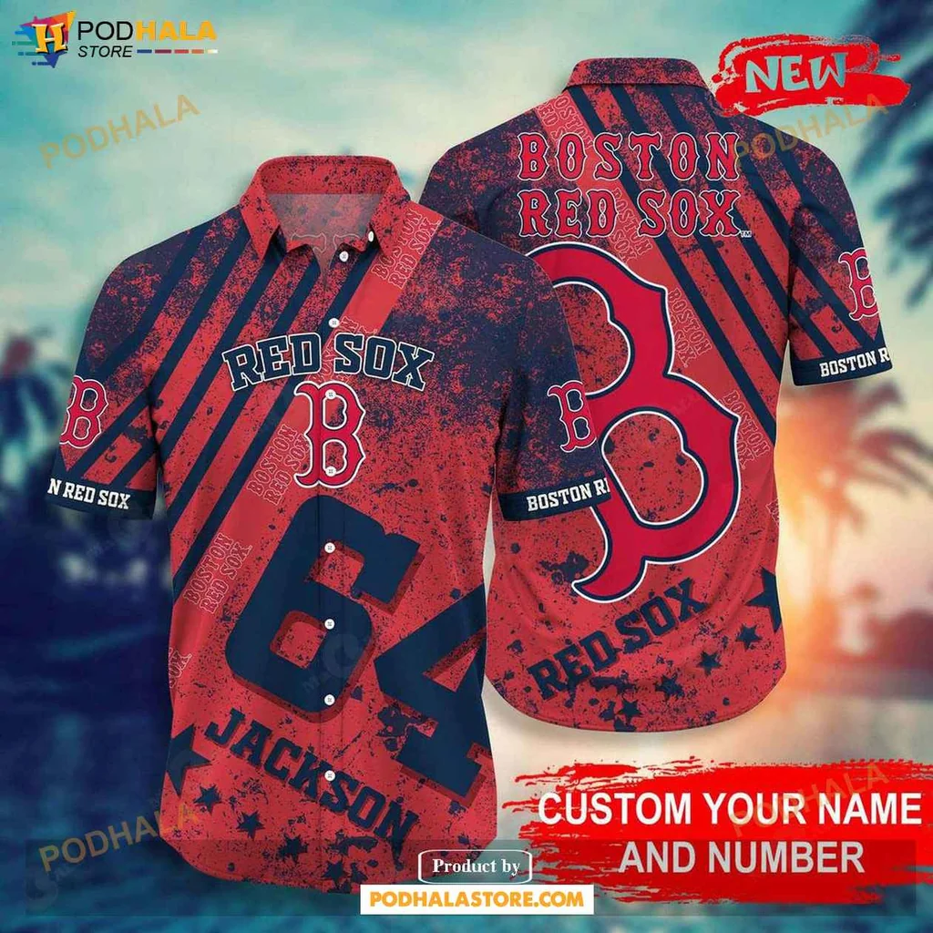 Sporty Red Sox Aloha Shirt, Personalized Boston Red Sox Summer Shirt With Name And Number