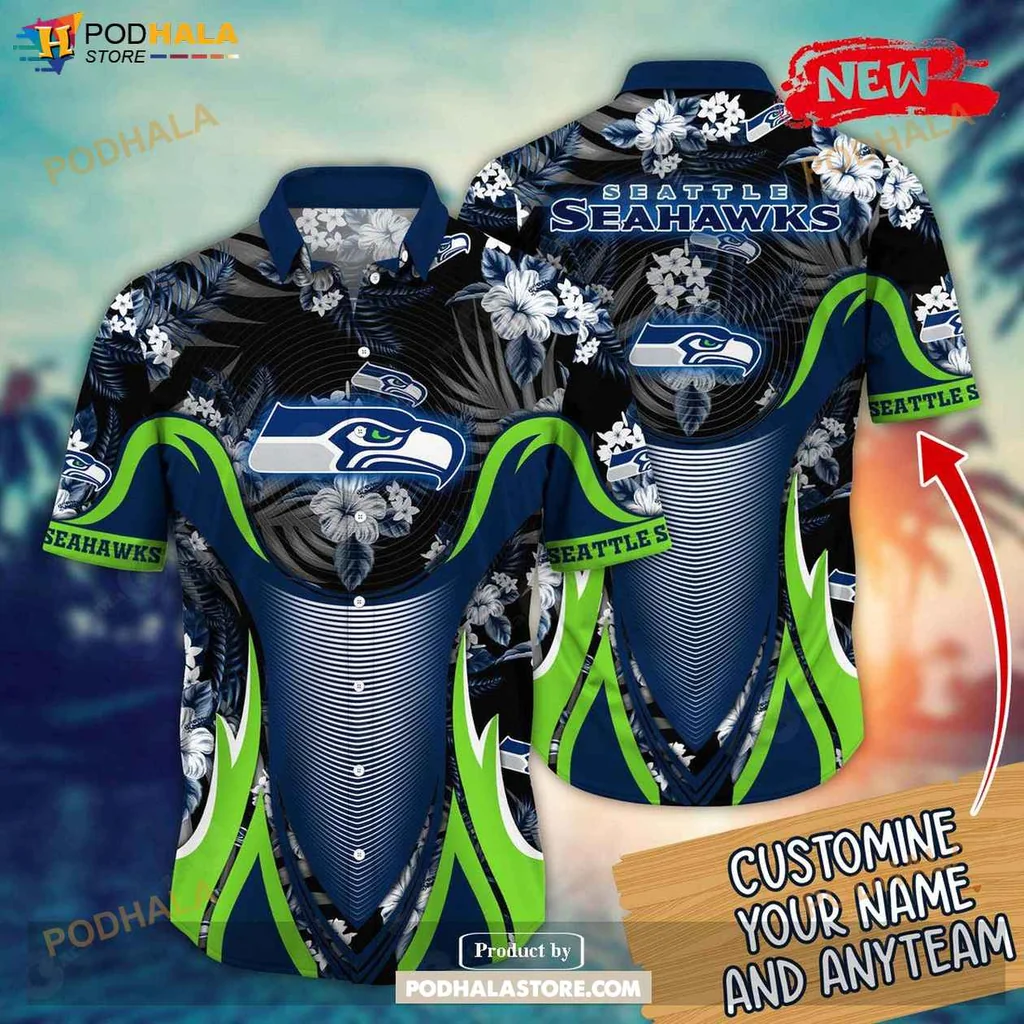 Sporty Seahawks Aloha Shirt, Personalized Summer Football Shirt With Floral Design