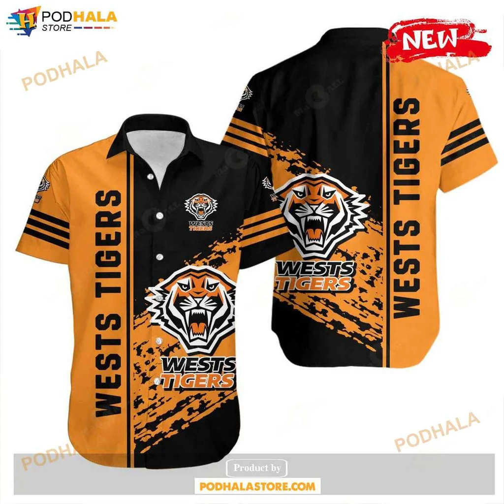 Sporty Tiger Aloha Shirt, Wests Tigers Logo Shirt In Orange And Black